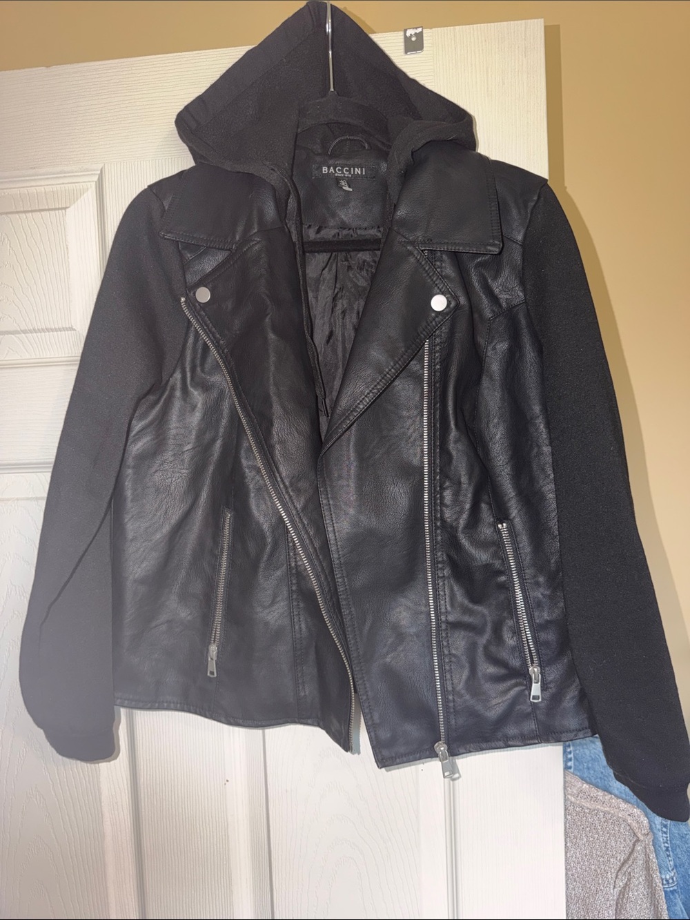 Baccini Black Faux Leather Hooded Moto Jacket
